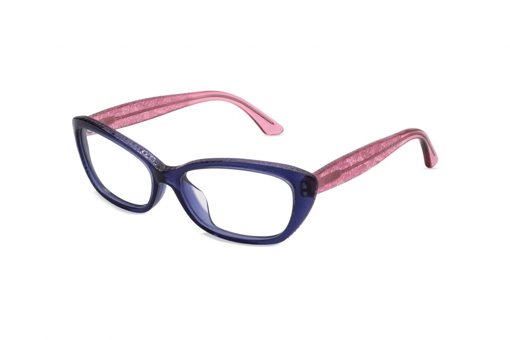 Leia c.A26 – Translucent blue front with light pink temples and sapphire and fuchsia crystals