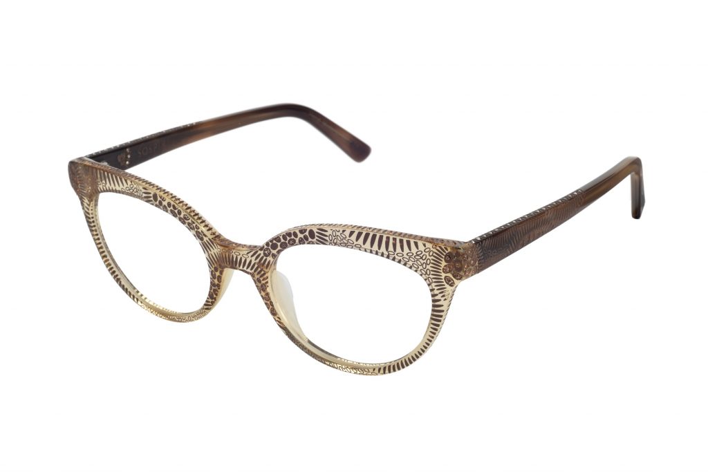 Clara c. 861 – Translucent light amber front and brown temples with gold and smoked topaz crystals