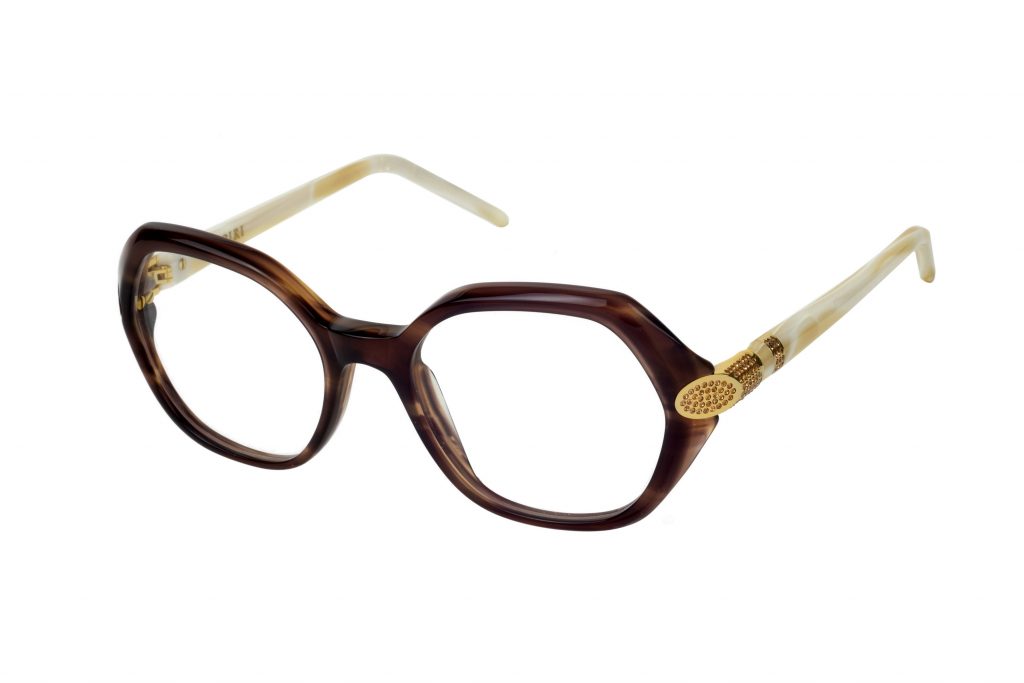 Cristina 186 – Smoked brown front & horn temples with gold jewel component and light smoked topaz crystals