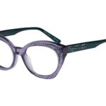 Demi c.743 – Translucent violet front with amethyst and emerald crystals and translucent green temples