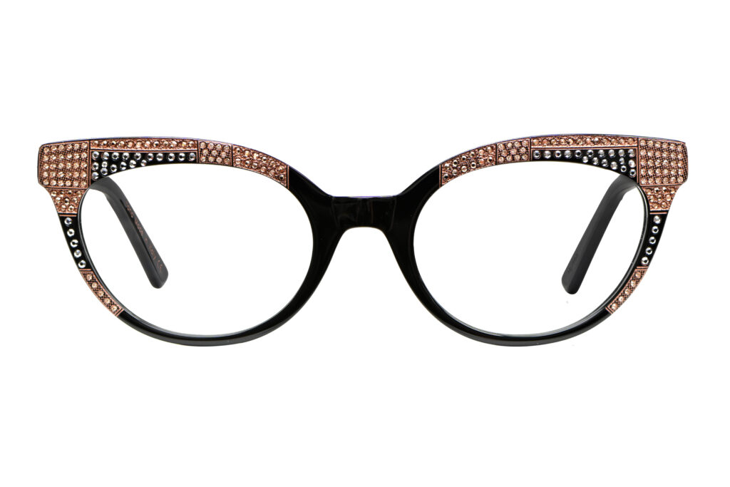 Flavia c.NRV – Black with rose gold crystals Front